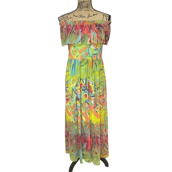 Save The Queen Off The Shoulder Maxi Dress Tulle Stretch Floral Size XS NEW - Picture 1 of 11